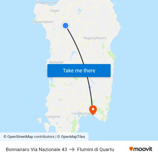 Bonnanaro Via Nazionale 43 to Flumini di Quartu map