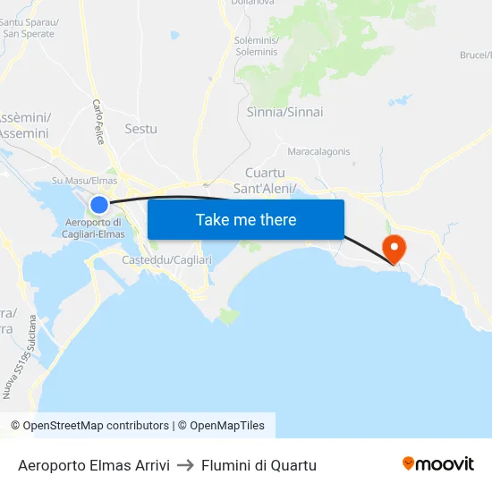 Elmas Airport Arrivals to Flumini di Quartu map