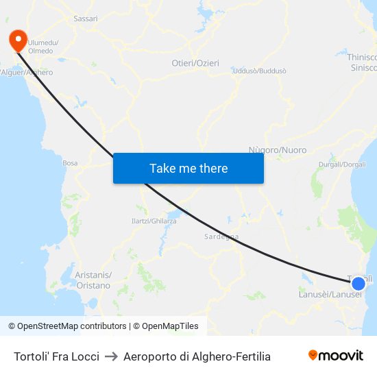 Tortoli' Fra Locci to Aeroporto di Alghero-Fertilia map