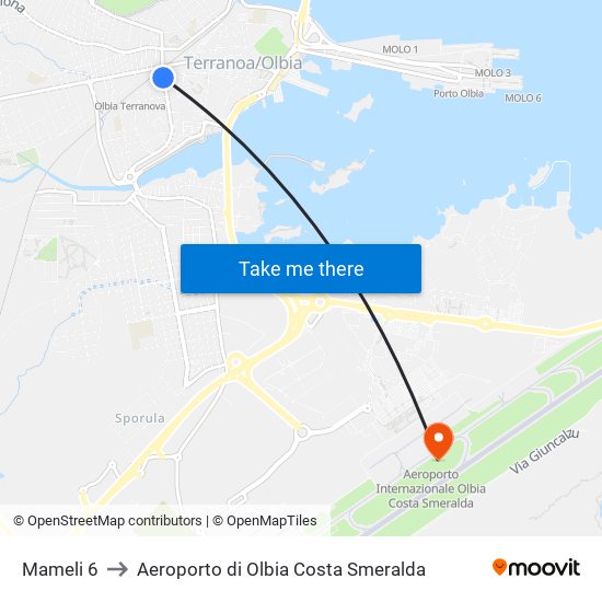 Mameli 6 to Aeroporto di Olbia Costa Smeralda map