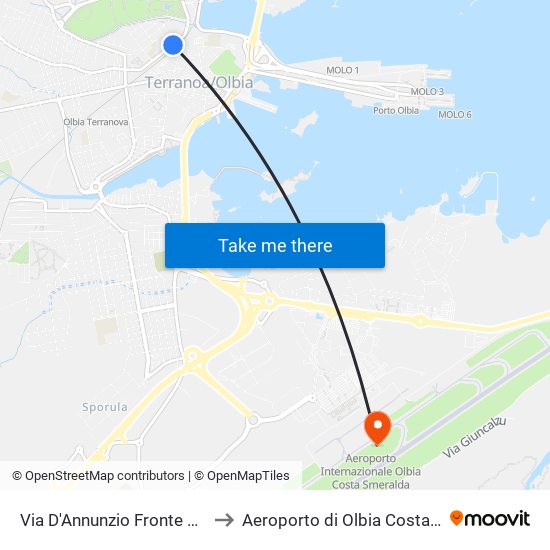 Via D'Annunzio Fronte Carabinieri to Aeroporto di Olbia Costa Smeralda map