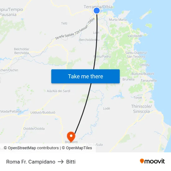 Roma Opposite Campidano to Bitti map