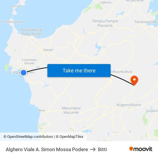 Alghero Viale A. Simon Mossa Podere to Bitti map