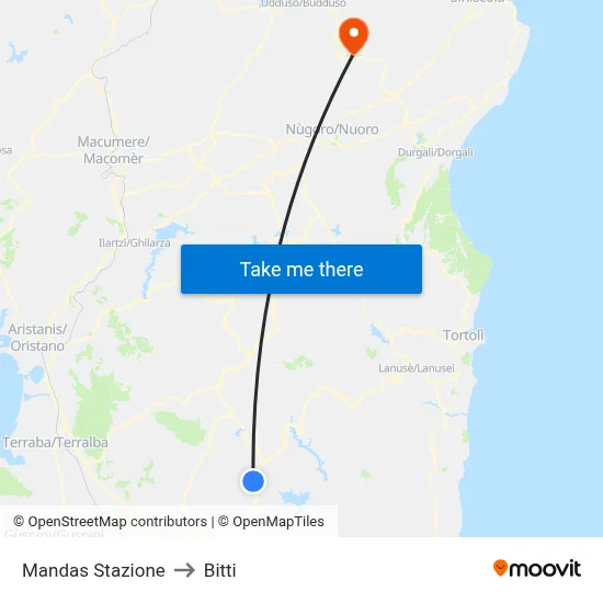 Mandas Station to Bitti map