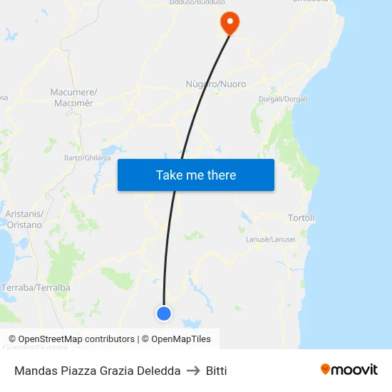 Mandas Piazza Grazia Deledda to Bitti map