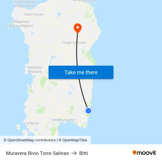 Muravera Torre Salinas Junction to Bitti map