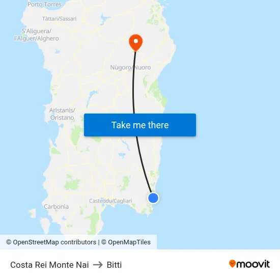 Costa Rei Monte Nai to Bitti map