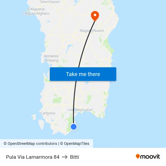 Pula Via Lamarmora 84 to Bitti map
