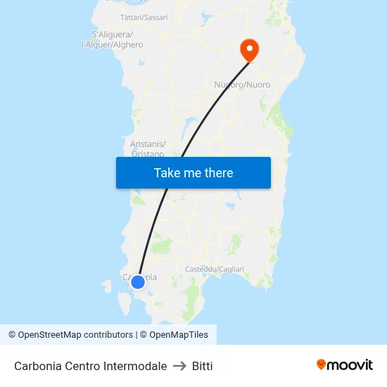 Carbonia Intermodal Center to Bitti map