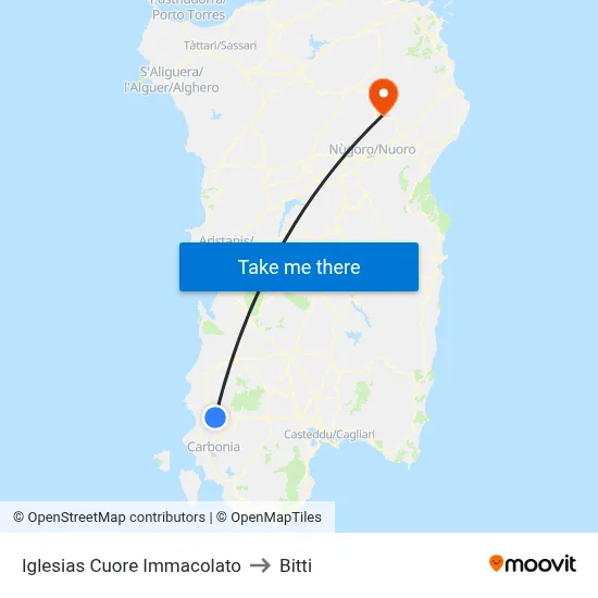 Iglesias Immaculate Heart to Bitti map