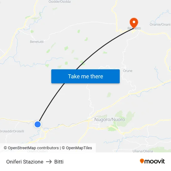 Oniferi Station to Bitti map