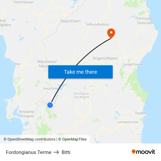 Fordongianus Thermal Baths to Bitti map