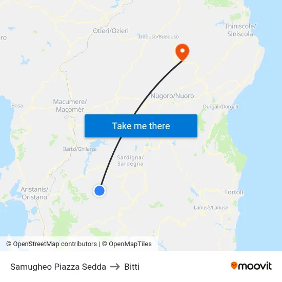 Samugheo Piazza Sedda to Bitti map