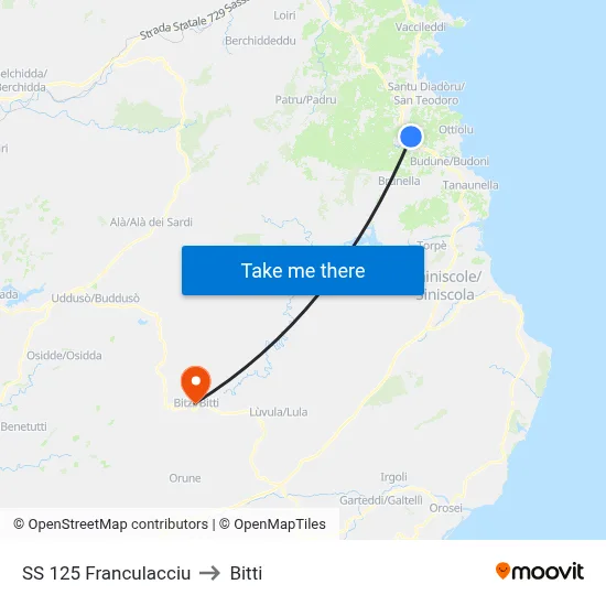 Highway 125 Franculacciu to Bitti map