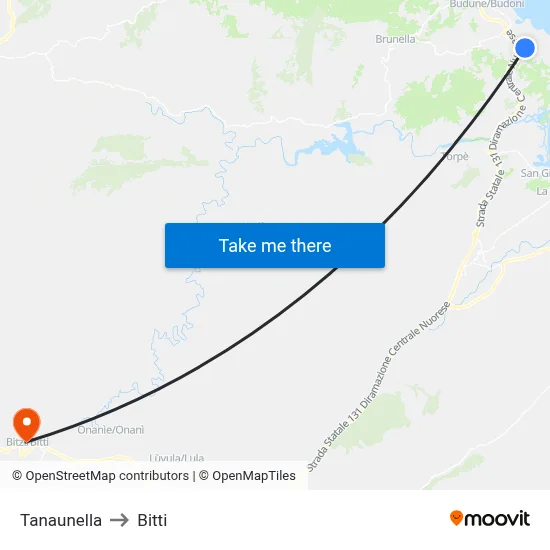 Tanaunella to Bitti map