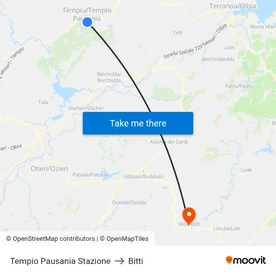 Tempio Pausania Station to Bitti map