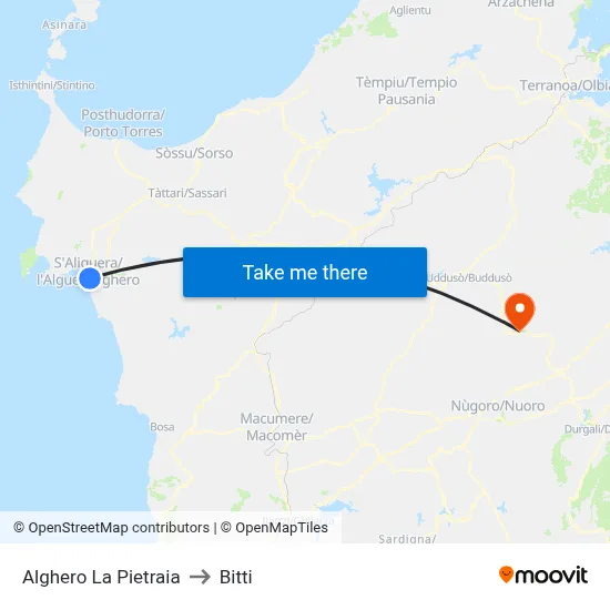 Alghero La Pietraia to Bitti map