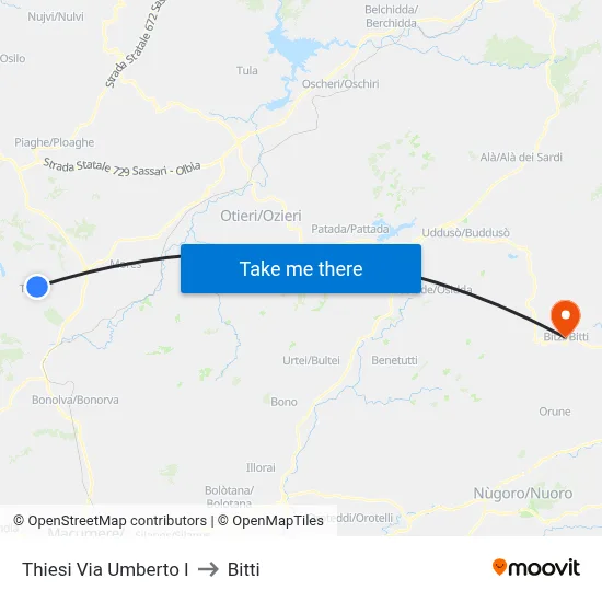 Thiesi Via Umberto I to Bitti map
