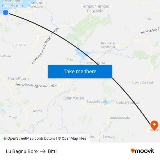 Lu Bagnu Bore to Bitti map