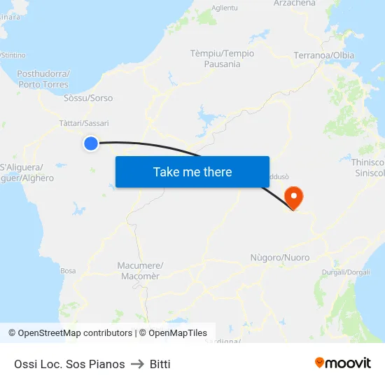 Ossi Sos Pianos Area to Bitti map