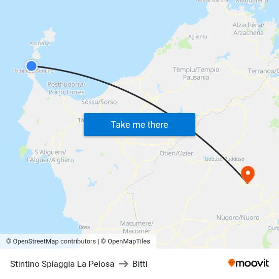 Stintino La Pelosa Beach to Bitti map