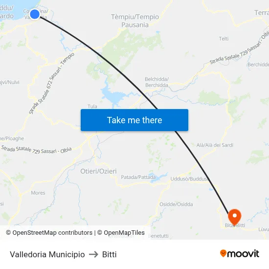 Valledoria Town Hall to Bitti map