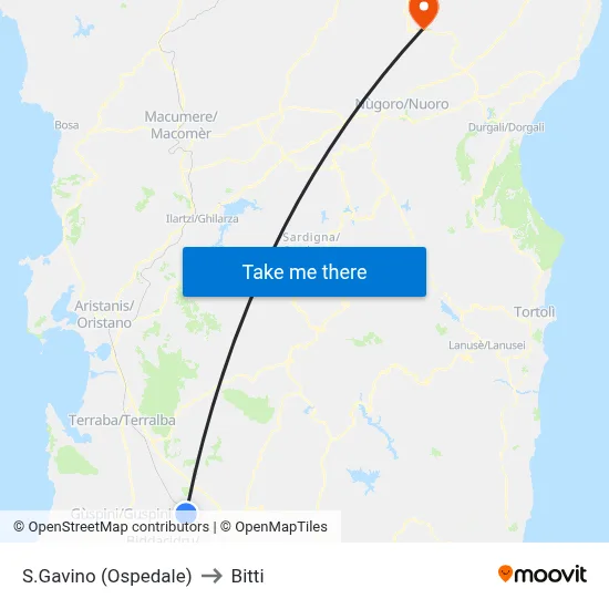 San Gavino (Hospital) to Bitti map