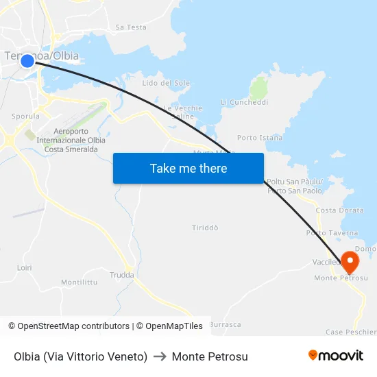 Olbia (Vittorio Veneto Street) to Monte Petrosu map