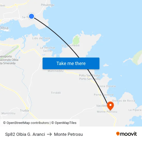 SP82 Olbia Golfo Aranci to Monte Petrosu map