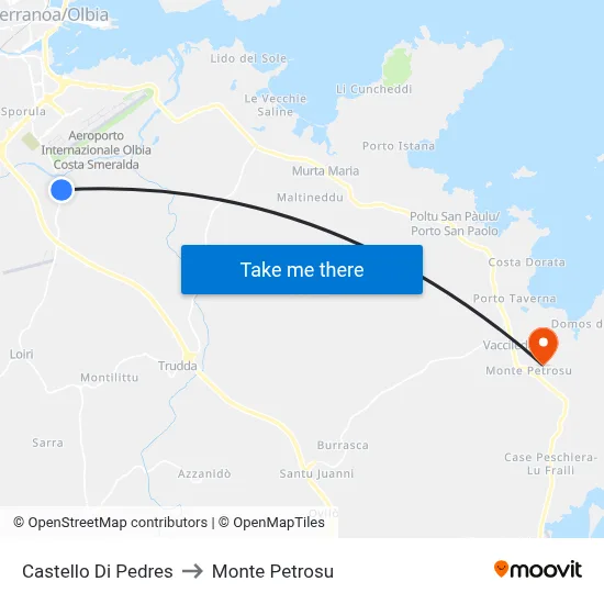 Pedres Castle to Monte Petrosu map