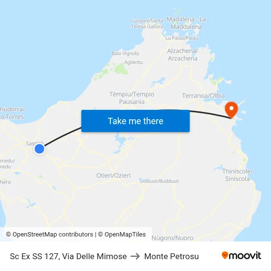 Ex SS 127, Mimosa Street to Monte Petrosu map