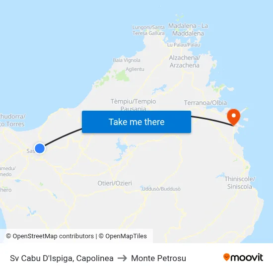 Cabu D'Ispiga Terminal to Monte Petrosu map