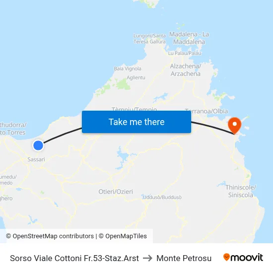 Sorso Cottoni Avenue 53-ARST Station to Monte Petrosu map