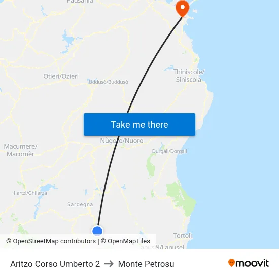 Aritzo Corso Umberto 2 to Monte Petrosu map
