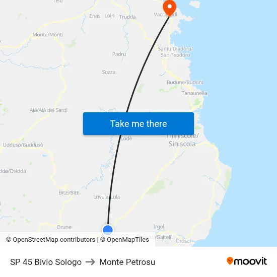 SP 45 Sologo Junction to Monte Petrosu map