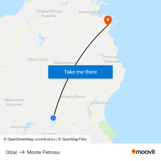 Olzai to Monte Petrosu map