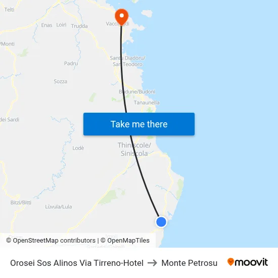 Orosei Sos Alinos Tirreno Street-Hotel to Monte Petrosu map