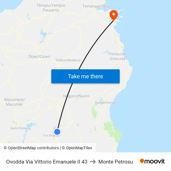 Ovodda Victor Emmanuel II Street 43 to Monte Petrosu map