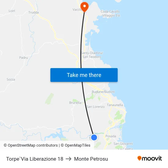 Torpe Liberation Street 18 to Monte Petrosu map