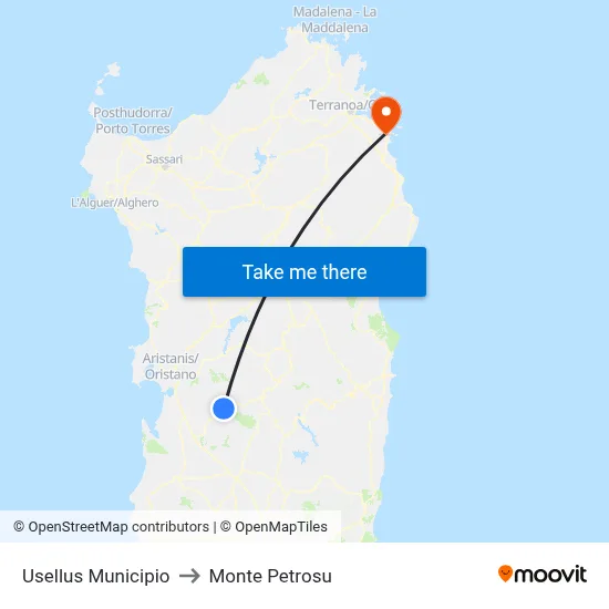 Usellus Town Hall to Monte Petrosu map