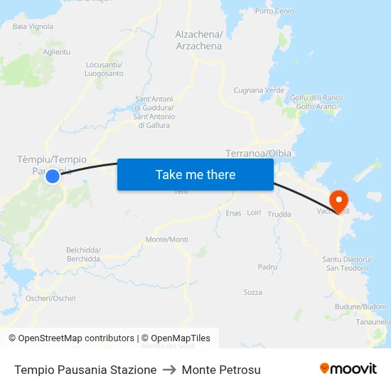 Tempio Pausania Station to Monte Petrosu map