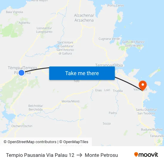 Tempio Pausania Via Palau 12 to Monte Petrosu map