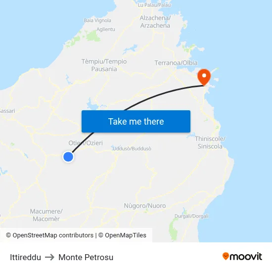 Ittireddu to Monte Petrosu map