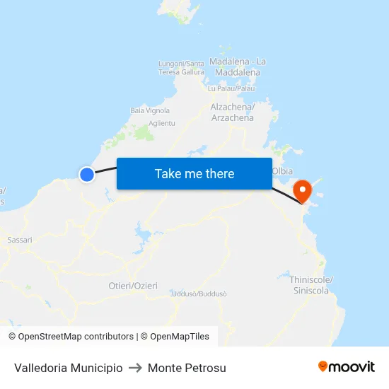 Valledoria Town Hall to Monte Petrosu map