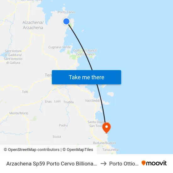 Arzachena SP59 Porto Cervo Billionaire to Porto Ottiolu map