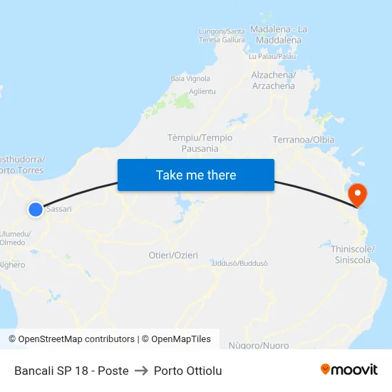 Bancali SP 18 - Post Office to Porto Ottiolu map