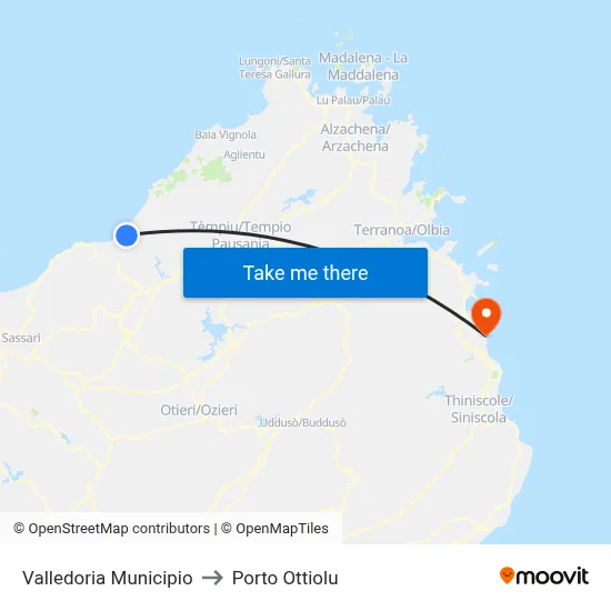Valledoria Town Hall to Porto Ottiolu map