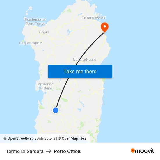 Sardara Thermal Baths to Porto Ottiolu map