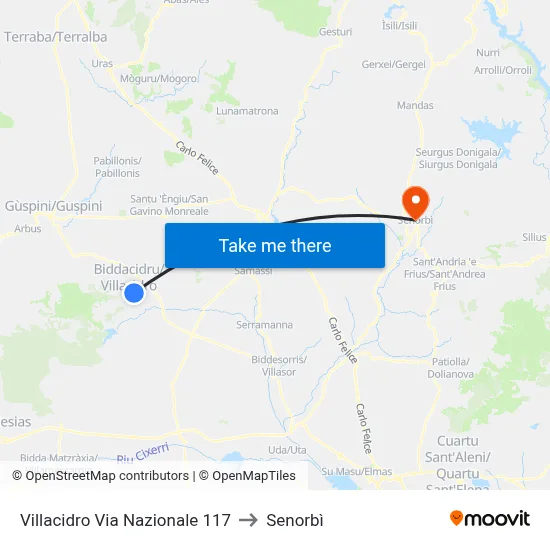 Villacidro National Street 117 to Senorbì map