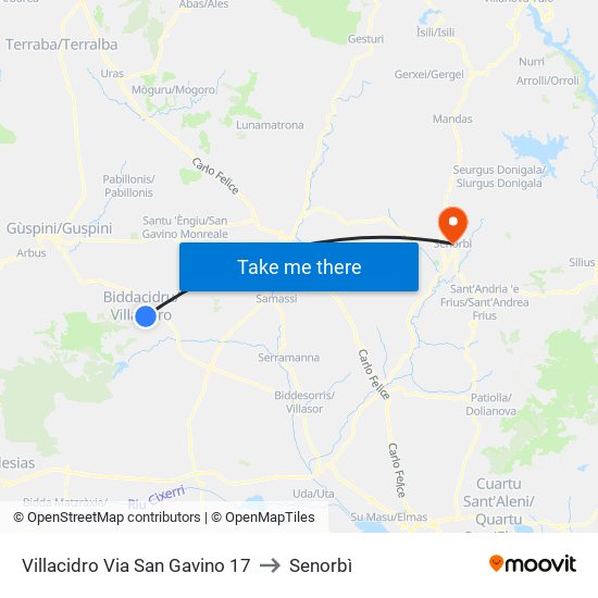 Villacidro Via San Gavino 17 to Senorbì map